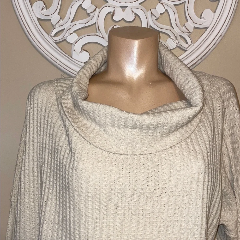 Free People women’s small top cowl neck waffle knit stone cold cream beige nwt